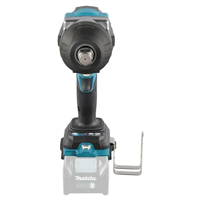 Makita XGT 40V max. Akku-Schlagschrauber TW001GZ - 40 V, Ohne Akku - Akku-Schlagschrauber in Schwarz und Türkis mit sichtbarem Makita-Akku und Metallgürtelclip.