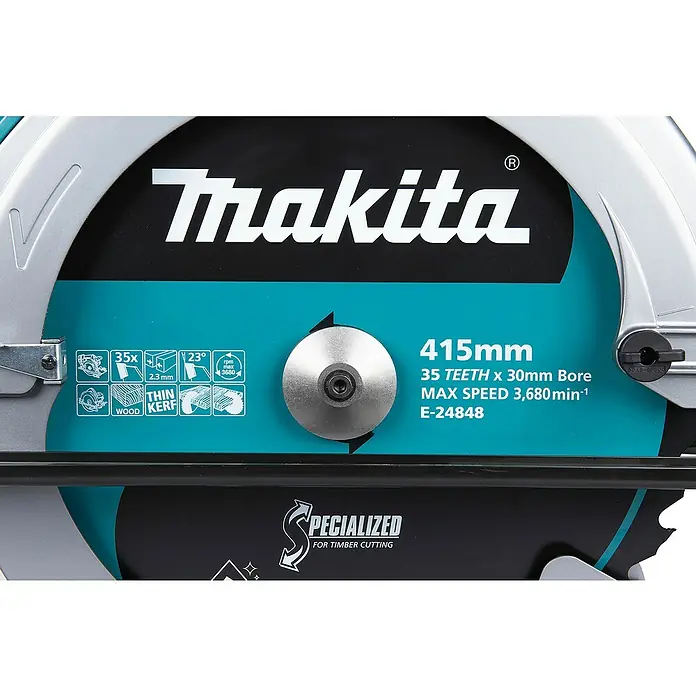 Makita XGT 40V max. Akku-Handkreissäge HS013GZ - 40 V, Ohne Akku, Durchmesser Sägeblatt: 415 mm, 2.100 U/min - Makita 415mm Kreissägeblatt mit 35 Zähnen, 30mm Bohrung und dünnem 2.3mm Schnitt, für Holz, max. Drehzahl 3680 min-1, Modell E-24848.