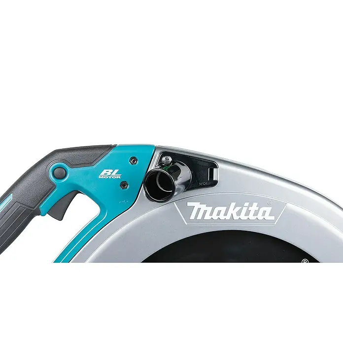 Makita XGT 40V max. Akku-Handkreissäge HS013GZ - 40 V, Ohne Akku, Durchmesser Sägeblatt: 415 mm, 2.100 U/min - Makita Kreissäge mit türkis-schwarzem Griff, silberner Schutzhaube, BL Motor und Staubanschluss.