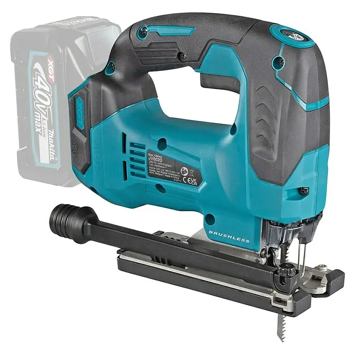 Makita XGT 40V max. Akku-Pendelhubstichsäge JV002GZ - 40 V, Ohne Akku, 0 /min - 3.500 /min - Türkise und schwarze Makita Akku-Stichsäge (JV002G) mit 40Vmax XGT Akku, bürstenlosem Motor und Sägeblatt.