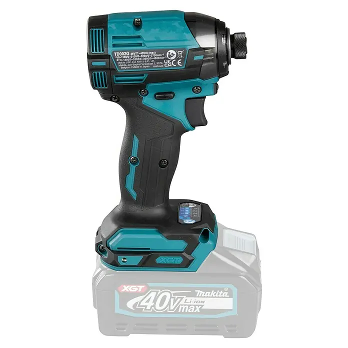 Makita XGT 40V max. Akku-Schlagschrauber TD002GZ01 - 40 V, Ohne Akku, 220 Nm - Türkisfarbener und schwarzer Makita XGT 40V Akku-Schlagschrauber mit Akku.