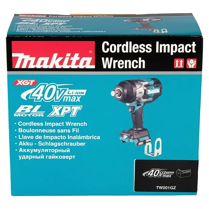Makita XGT 40V max. Akku-Schlagschrauber TW001GZ - 40 V, Ohne Akku - Makita XGT 40V max Li-Ion Akku-Schlagschrauber in blau-schwarzer Verpackung mit Produktbild.