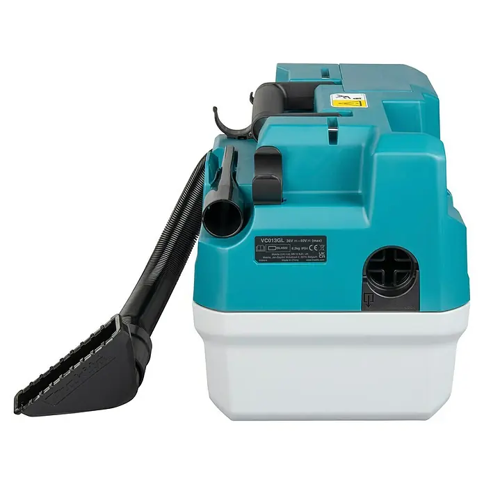 Makita XGT 40V max. Akku-Nass-Trockensauger VC013GLZ03 - 40 V, Ohne Akku, Behältervolumen: 7,5 l - Türkis-weißer Makita Akku-Staubsauger mit schwarzem flexiblen Schlauch und Fugendüse.