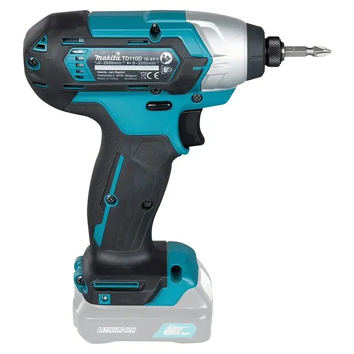 Makita Akku-Schlagschrauber TD110 DZ - 10,8 V, Ohne Akku - Makita TD110D 10.8V Akku-Schlagschrauber, schwarz-türkis mit silbernen Akzenten und P-2 Bit. Batterie angebracht.
