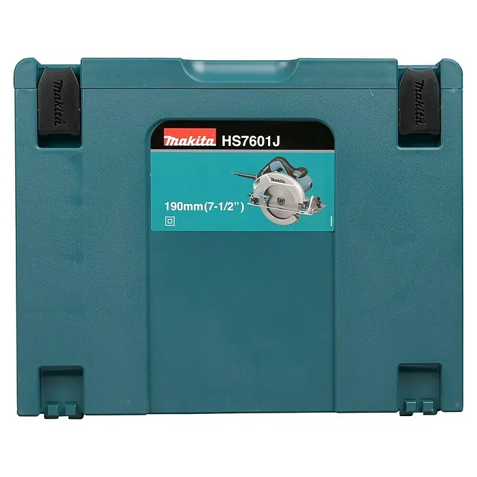 Makita Handkreissäge HS7601J - 1.200 W, Durchmesser Sägeblatt: 190 mm - Grüner Makita Werkzeugkoffer mit Etikett, das eine Makita HS7601J Kreissäge, 190mm (7-1/2"), zeigt.