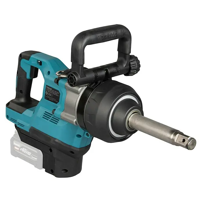 Makita XGT 40V max. Akku-Schlagschrauber TW010GZ - 40 V, Ohne Akku, 3.150 Nm - Türkise und schwarze Makita Schlagschrauber mit Akku und Zusatzhandgriff, bereit für schwere Befestigungsarbeiten.