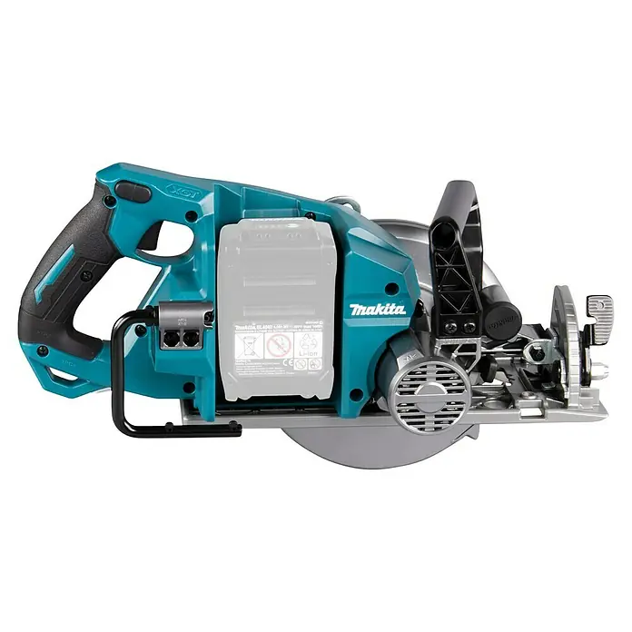 Makita XGT 40V max. Akku-Handkreissäge RS001GZ - 40 V, Ohne Akku, Durchmesser Sägeblatt: 185 mm, 6.400 U/min - Makita XGT Akku-Kreissäge in Türkis und Schwarz mit grauem Li-Ion-Akku, ergonomischem Griff und Metallbasis.