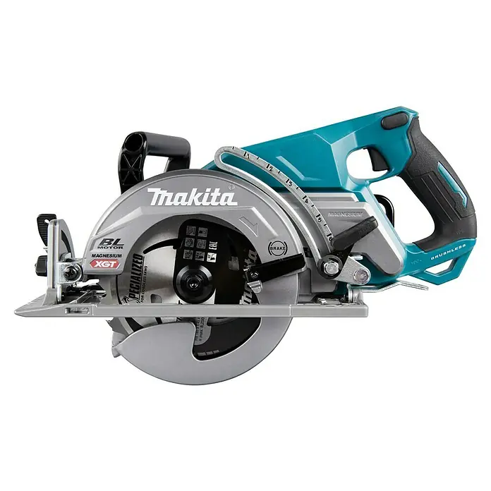 Makita XGT 40V max. Akku-Handkreissäge RS001GZ - 40 V, Ohne Akku, Durchmesser Sägeblatt: 185 mm, 6.400 U/min - Türkis-graue Makita Akku-Kreissäge mit bürstenlosem Motor und Magnesiumgehäuse, mit Spezialblatt.