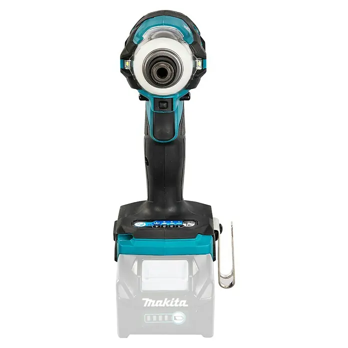 Makita XGT 40V max. Akku-Schlagschrauber TD001GZ - 40 V, Ohne Akku - Makita Akku-Schlagschrauber in Türkis und Schwarz mit Sechskantaufnahme, LEDs, Moduswahlschalter und Akku mit Ladeanzeige.