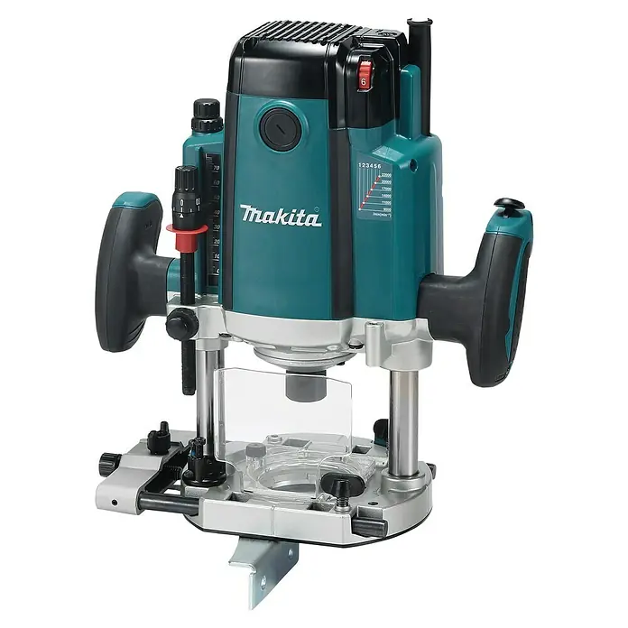 Makita Elektro-Oberfräse RP2302FC07 - 2.300 W, 9.000 U/min - 23.000 U/min, Durchmesser Werkzeugaufnahme: 12 mm - Makita Oberfräse in Petrol und Schwarz mit silberner Basis, transparentem Schutz und sichtbaren Tiefen- und Geschwindigkeitseinstellungen.
