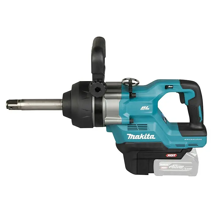 Makita XGT 40V max. Akku-Schlagschrauber TW010GZ - 40 V, Ohne Akku, 3.150 Nm - Großer türkiser und schwarzer Makita XGT 40V Akku-Schlagschrauber mit silbernem Kopf, Seitenhandgriff und Akku.