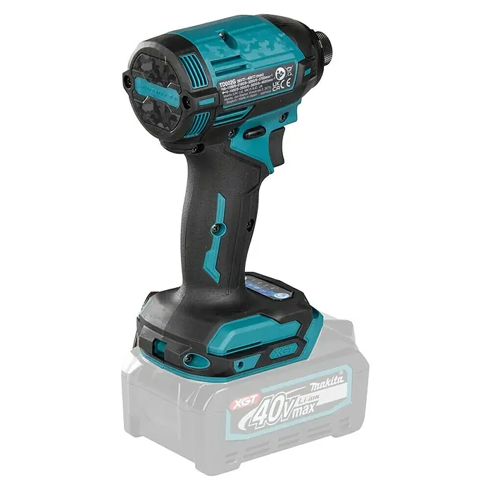 Makita XGT 40V max. Akku-Schlagschrauber TD002GZ01 - 40 V, Ohne Akku, 220 Nm - Makita TD002G Akku-Schlagschrauber in Türkis und Schwarz mit angeschlossenem 40V XGT Akku.