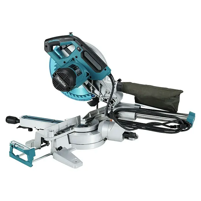 Makita Kapp- & Gehrungssäge LS1110F - 1.400 W, Durchmesser Sägeblatt: 260 mm, Leerlaufdrehzahl: 4.500 U/min - Eine silberne und türkisfarbene Makita Kapp- und Gehrungssäge, entworfen für präzise Winkelschnitte.