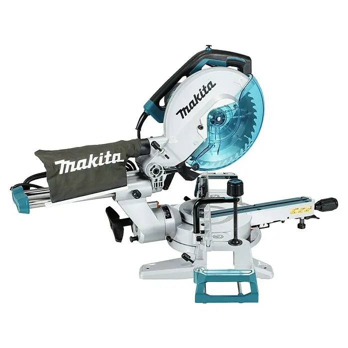 Makita Kapp- & Gehrungssäge LS1110F - 1.400 W, Durchmesser Sägeblatt: 260 mm, Leerlaufdrehzahl: 4.500 U/min - Makita Kapp- und Gehrungssäge mit silbernem Gehäuse, türkisen Akzenten und transparentem Blattschutz, mit Staubfangbeutel.