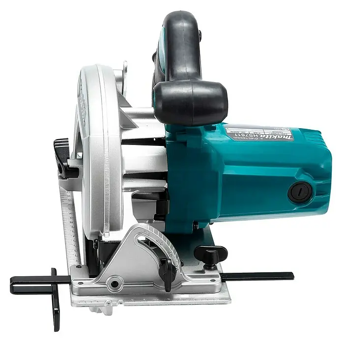Makita Handkreissäge HS7611 - 1.600 W, Durchmesser Sägeblatt: 190 mm - Türkise und silberne Makita Handkreissäge mit schwarzen Griffen und Einstellmöglichkeiten für Tiefe und Winkel, von der Seite gezeigt.