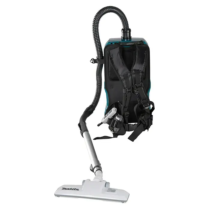 Makita XGT 40V max. Aspiradora con mochila de batería VC011GZ - 40 V, Sin batería, Volumen de recipiente: 6 l - Aspiradora de mochila Makita turquesa y negra con manguera flexible, tubo plateado y cepillo de suelo blanco.