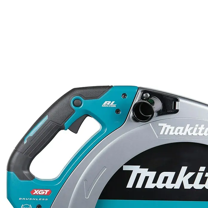 Makita XGT 40V max. Akku-Handkreissäge HS013GZ - 40 V, Ohne Akku, Durchmesser Sägeblatt: 415 mm, 2.100 U/min - Makita XGT bürstenlose Kreissäge, Griff und Blattschutz in Türkis, Schwarz und Silber.