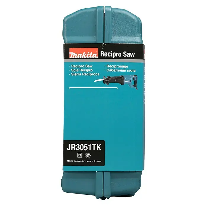 Makita Säbelsäge JR3051TK - 1.200 W, Hublänge: 30 mm - Makita JR3051TK Säbelsäge in einem blaugrünen Hartschalenkoffer, mit Produktdetails.