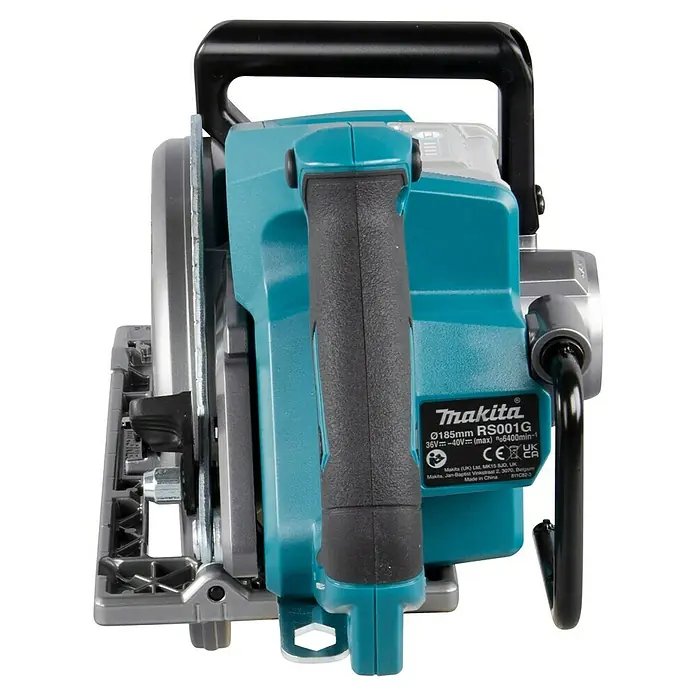 Makita XGT 40V max. Akku-Handkreissäge RS001GZ - 40 V, Ohne Akku, Durchmesser Sägeblatt: 185 mm, 6.400 U/min - Türkise und schwarze Makita Kreissäge, Seitenansicht, mit Griff und Sägeblattschutz.