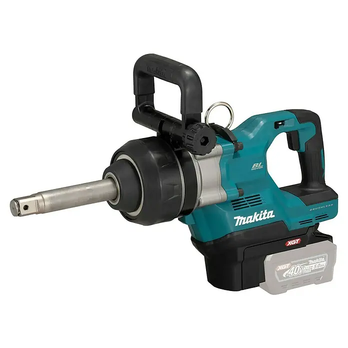 Makita XGT 40V max. Akku-Schlagschrauber TW010GZ - 40 V, Ohne Akku, 3.150 Nm - Makita XGT 40V Akku-Schlagschrauber in Türkis und Schwarz mit Seitenhandgriff und großem Akku.