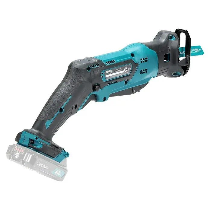 Makita Akku-Säbelsäge JR103DZ - 10,8 V, Ohne Akku, Leerlaufhubzahl: 0 /min - 3.300 /min - Türkise und schwarze Makita JR103D Akku-Säbelsäge mit Bi-Metall-Sägeblatt und teilsichtbarem Akku.