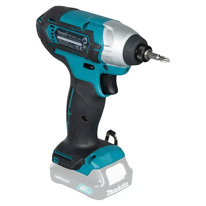 Makita Akku-Schlagschrauber TD110 DZ - 10,8 V, Ohne Akku - Ein türkis, schwarz und silberner Makita TD110D 10.8V Akku-Schlagschrauber mit PH2-Bit und 12V Li-Ion-Akku.