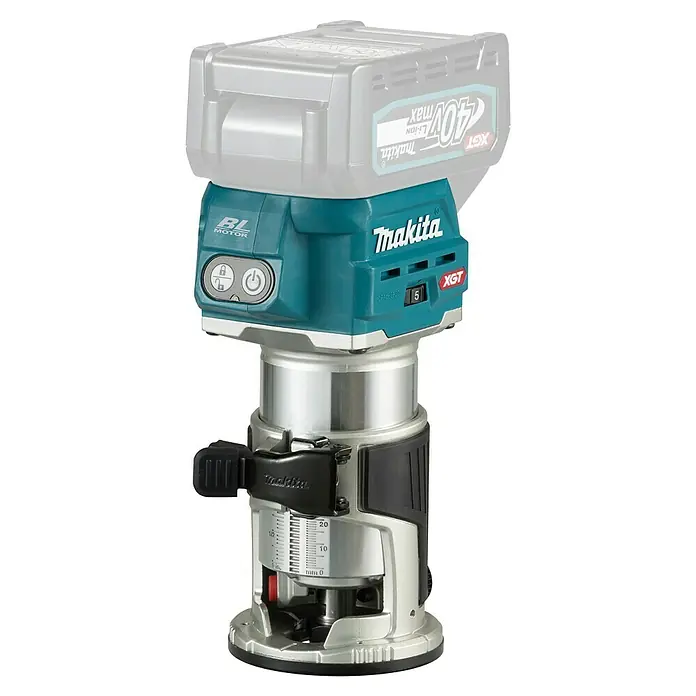 Makita XGT 40V max. Akku-Multifunktionsfräse RT001GZ10 - 40 V, Ohne Akku, Leerlaufdrehzahl: 10.000 U/min - 31.000 U/min - Makita Akku-Oberfräse mit Akku, türkis und silber, mit Tiefenverstellung und Bedienelementen.