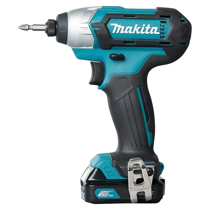 Makita Llave de impacto de batería TD110DSMJ - 10,8 V, 2 baterías, 4 Ah - Atornillador de impacto Makita turquesa y negro de 12V máx con mandril plateado, punta Philips y clip para cinturón.