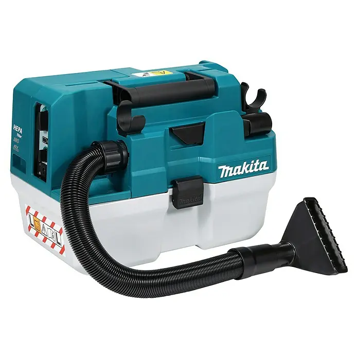 Makita XGT 40V max. Akku-Nass-Trockensauger VC013GLZ03 - 40 V, Ohne Akku, Behältervolumen: 7,5 l - Makita Akku-Staubsauger in Türkis und Weiß mit schwarzem Schlauch und Flachdüse, für den mobilen Staubeinsatz.