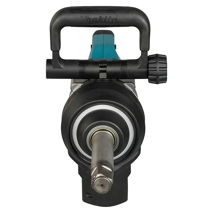Makita XGT 40V max. Akku-Schlagschrauber TW010GZ - 40 V, Ohne Akku, 3.150 Nm - Frontansicht eines schwarzen und türkisen Makita Schlagschraubers mit Metallschaft und verstellbarem Seitenhandgriff.