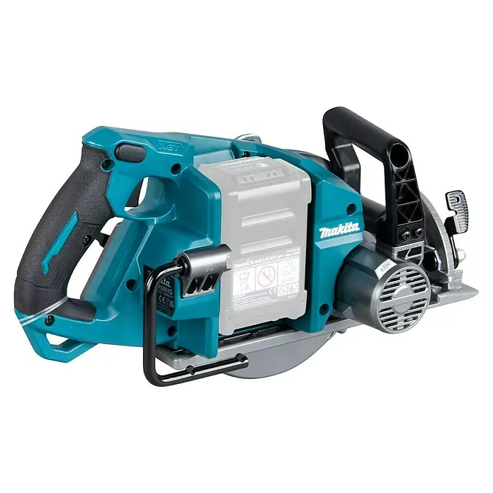 Makita XGT 40V max. Akku-Handkreissäge RS001GZ - 40 V, Ohne Akku, Durchmesser Sägeblatt: 185 mm, 6.400 U/min - Türkise und schwarze Makita Akku-Kreissäge mit hellgrauem Akku, großem Griff und vorderem Haltegriff.