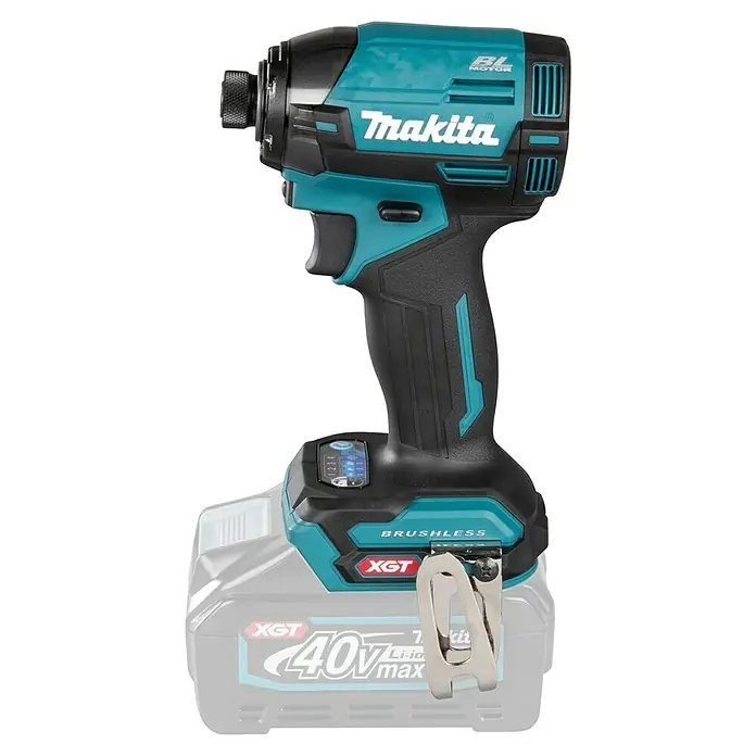Makita XGT 40V max. Akku-Schlagschrauber TD002GZ01 - 40 V, Ohne Akku, 220 Nm - Teal und schwarzer Makita Akku-Schlagschrauber mit 40V XGT Akku, bürstenlosem Motor und Gürtelclip.