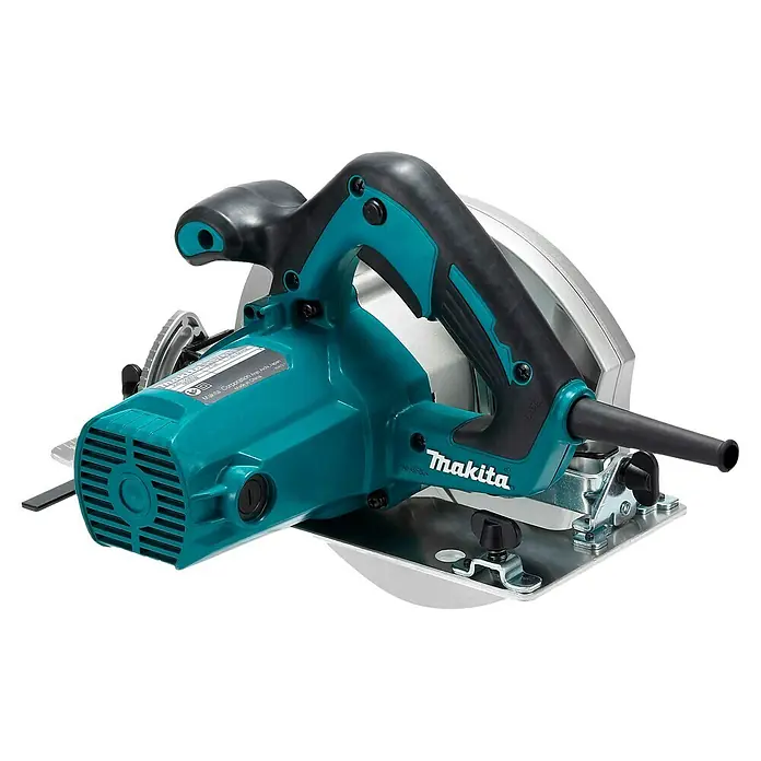 Makita Handkreissäge HS7611 - 1.600 W, Durchmesser Sägeblatt: 190 mm - Eine tealfarbene und schwarze Makita Kreissäge, ein Elektrowerkzeug zum Holzsägen, mit silberner Basis und schwarzen Griffen.