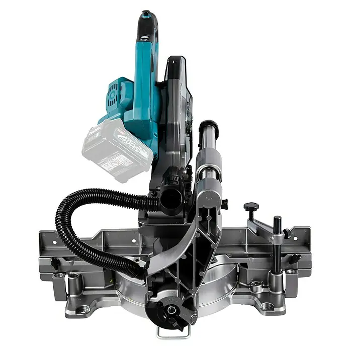 Makita XGT 40V max. Akku-Kapp- & Gehrungssäge LS002GZ01 - 40 V, Ohne Akku, 4.800 U/min - Akku-Makita XGT 40V Max Kappsäge mit türkisfarbenem Griff, grauem Unterteil und Staubsaugerschlauch.