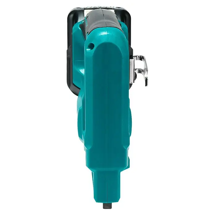 Makita CXT 12V max. Akku-Tacker ST113DSMJ - 12 V, 2 Akkus, 4 Ah - Draufsicht auf ein türkis-schwarzes Akku-Elektrowerkzeug, wahrscheinlich eine Stichsäge, das sein robustes Gehäuse zeigt.