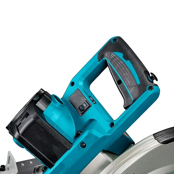 Makita Kapp- & Gehrungssäge LS1219L - 1.800 W, Durchmesser Sägeblatt: 305 mm, Leerlaufdrehzahl: 0 U/min - 3.200 U/min - Türkiser und schwarzer Gehrungssägegriff mit strukturiertem Griff, Netzschalter und Akku.