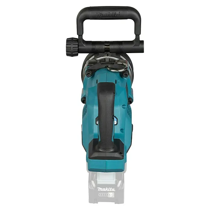Makita XGT 40V max. Akku-Schlagschrauber TW010GZ - 40 V, Ohne Akku, 3.150 Nm - Türkis-schwarze Makita Akku-Arbeitsleuchte mit schwarzem Griff und Akku.