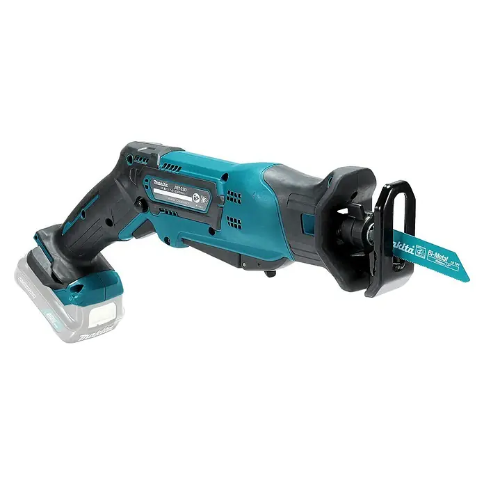 Makita Akku-Säbelsäge JR103DZ - 10,8 V, Ohne Akku, Leerlaufhubzahl: 0 /min - 3.300 /min - Türkise und schwarze Makita JR103D Akku-Säbelsäge mit grauem Akku und Bi-Metall-Sägeblatt.