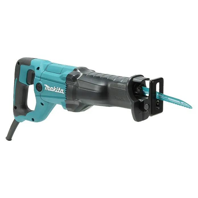 Makita Säbelsäge JR3051TK - 1.200 W, Hublänge: 30 mm - Türkise und schwarze Makita Säbelsäge mit eingesetztem Bi-Metall-Sägeblatt.