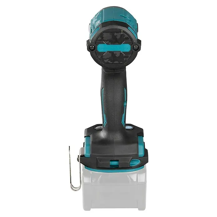 Makita XGT 40V max. Akku-Schlagschrauber TD002GZ01 - 40 V, Ohne Akku, 220 Nm - Dunkelgrauer und türkiser Schlagschrauber, Rückansicht, mit Gürtelclip und „brushless“-Text.