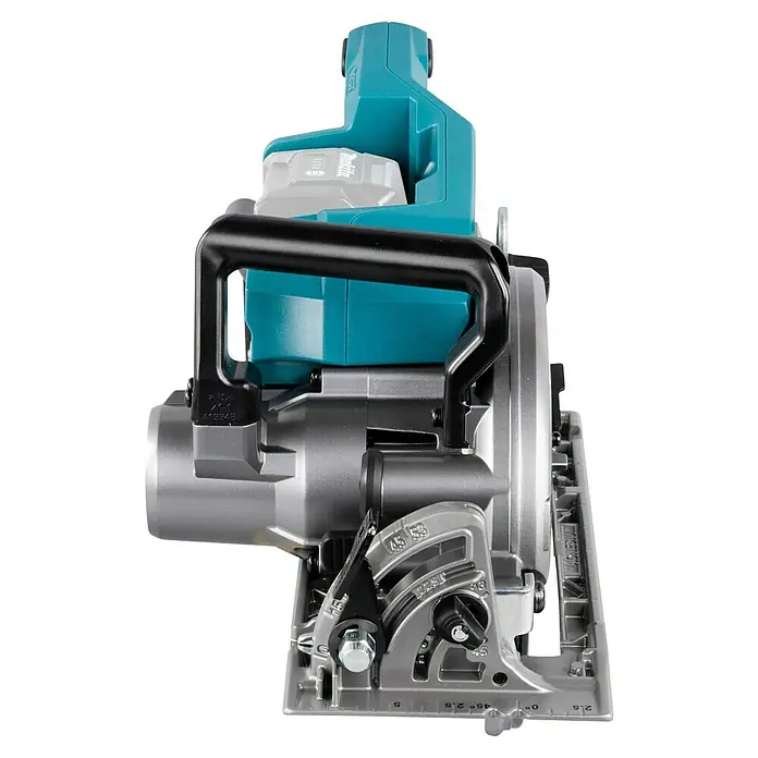 Makita XGT 40V max. Akku-Handkreissäge RS001GZ - 40 V, Ohne Akku, Durchmesser Sägeblatt: 185 mm, 6.400 U/min - Makita Akku-Kreissäge in Türkis, Silber und Schwarz, mit Griff, Akku und Gehrungsverstellung mit Winkelskalen.