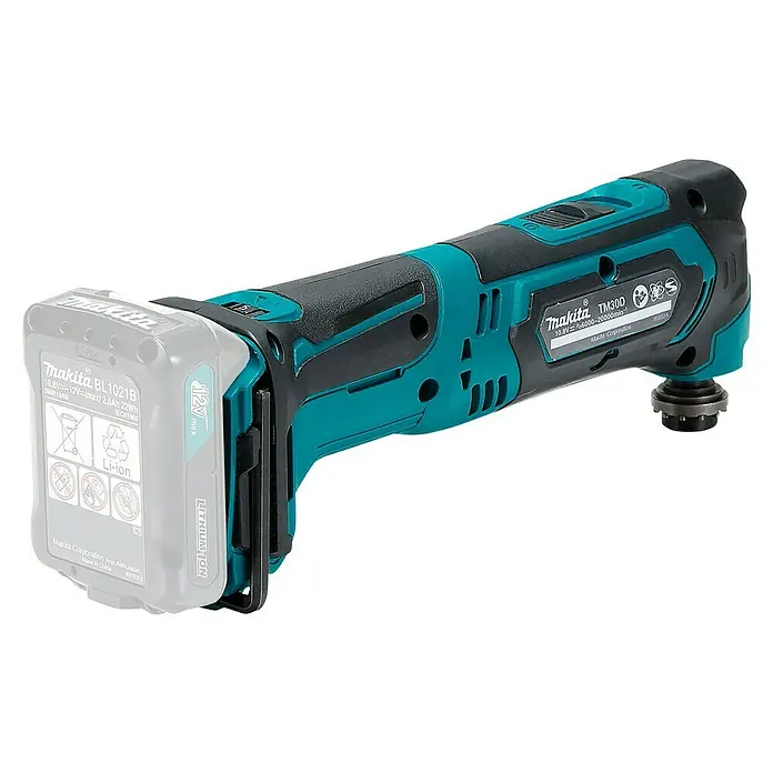 Makita CXT 12V max. Akku-Multifunktionswerkzeug TM30DZ - 12 V, Ohne Akku - Makita Akku-Multifunktionswerkzeug, türkis und schwarz, mit angebrachtem 12V Li-Ion Akku.
