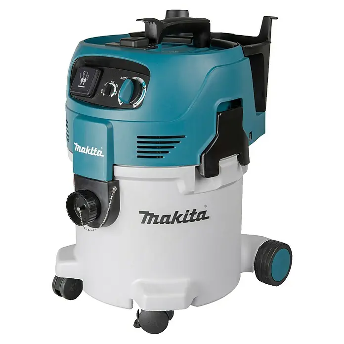 Makita Elektro-Nass- & Trockensauger VC3012M - 1.500 W, Behältervolumen: 30 l - Türkis-weißer Makita Staubsauger mit schwarzen Bedienelementen und Rädern.