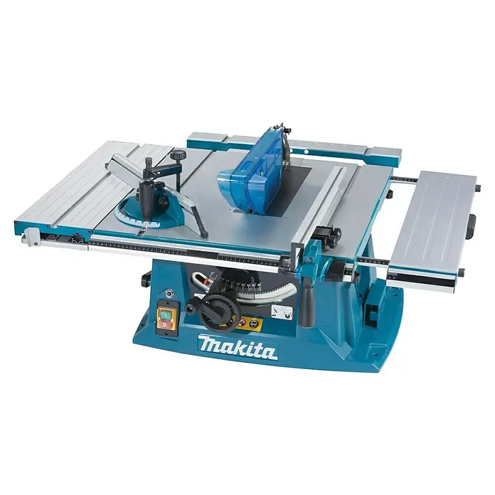 Makita Tischkreissäge MLT100NX1 mit Untergestell - 1.500 W, Durchmesser Sägeblatt: 260 mm, Schnitttiefe bei 90 °: 93 mm - Makita Tischkreissäge mit türkisem Untergestell, silberner Platte, blauem Sägeblattschutz und Messskalen für präzises Holzschneiden.
