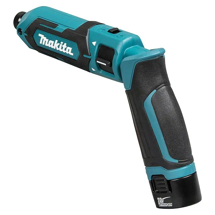 Makita Akku-Schlagschrauber TD022DSE - 7,2 V, 2 Akkus, 1,5 Ah - Makita Akku-Schrauber, türkis-schwarz, mit Knickgriff und 7.2V Lithium-Ionen-Akku.