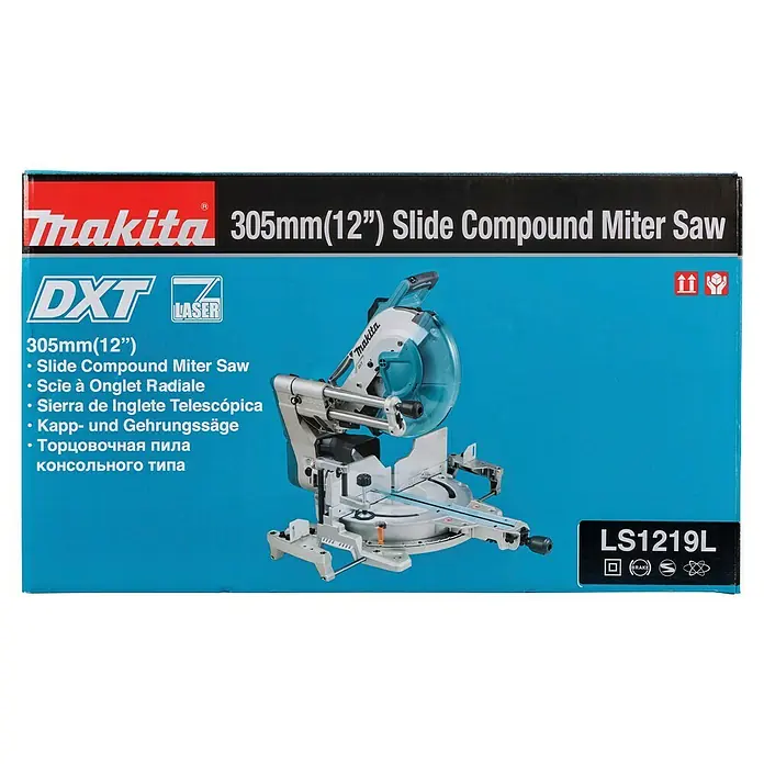 Makita Kapp- & Gehrungssäge LS1219L - 1.800 W, Durchmesser Sägeblatt: 305 mm, Leerlaufdrehzahl: 0 U/min - 3.200 U/min - Blaue und schwarze Makita-Verpackung für eine 305mm (12") Kappsäge (Modell LS1219L), mit Abbildung der Säge.