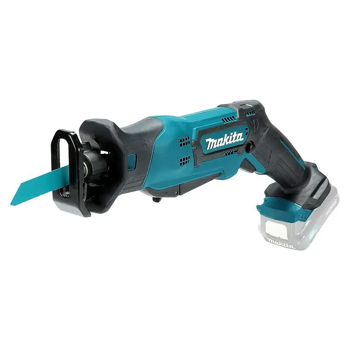 Makita Akku-Säbelsäge JR103DZ - 10,8 V, Ohne Akku, Leerlaufhubzahl: 0 /min - 3.300 /min - Türkise und schwarze kabellose Makita Säbelsäge mit Sägeblatt, bereit zum Schneiden.