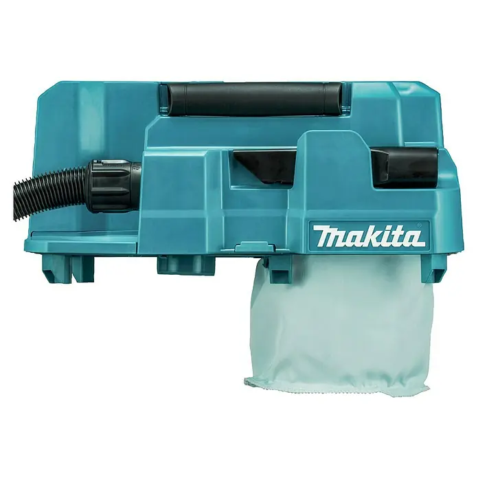 Makita XGT 40V max. Akku-Nass-Trockensauger VC013GLZ03 - 40 V, Ohne Akku, Behältervolumen: 7,5 l - Türkiser Makita Staubsauger mit schwarzem Schlauch links, Griff oben und helltürkisem Staubbeutel unten.