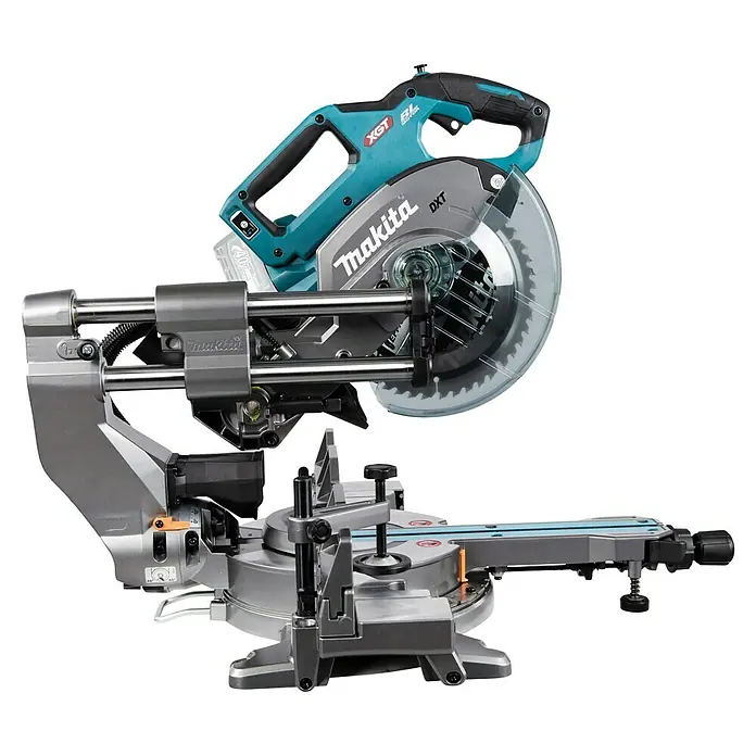 Makita XGT 40V max. Akku-Kapp- & Gehrungssäge LS002GZ01 - 40 V, Ohne Akku, 4.800 U/min - Makita Akku-Kapp- und Gehrungssäge mit türkisfarbenem Griff, silbernem Gehäuse und transparentem Blattschutz.