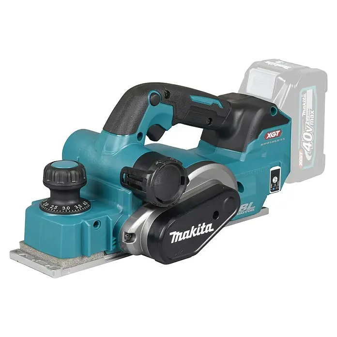 Makita XGT 40V max. Cepillo de batería KP001GZ - 40 V, Sin batería, Profundidad de ranura: 0 mm - 25 mm, Número de revoluciones de marcha en vacío: 15.000 r.p.m. - Cepillo inalámbrico Makita 40V max XGT en turquesa y negro, con perilla de ajuste de profundidad y motor sin escobillas, con batería.